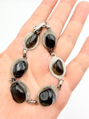 Vintage Silver-Tone Smoky Quartz Cabochon Link Bracelet